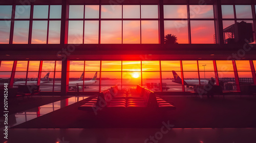 airport lounge at sunrise with panoramic windows and aircraft silhouettes, capturing the atmosphere of air travel, aviation, and business trips
