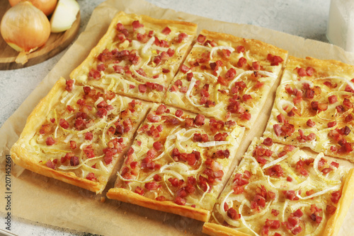 Traditional German Flammkuchen freshly baked on the table