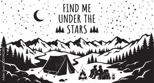 Schilderij op canvas Camping, outdoor adventure, nighttime scene, vector illustration, black and whit