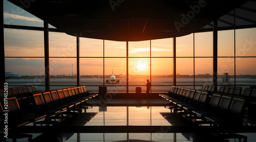 airport lounge at sunrise with panoramic windows and aircraft silhouettes, capturing the atmosphere of air travel, aviation, and business trips