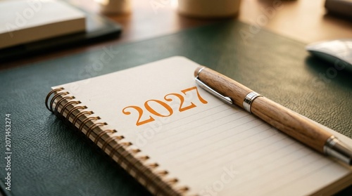 A cinematic macro view of a 2027 notebook resting on a desk, capturing a sense of anticipation and organized goal-setting for the future.