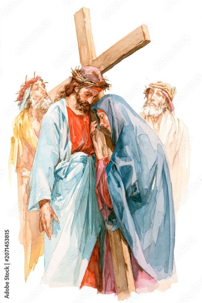 Fototapeta premium Jesus stands with a cross, with Mary close by in a blue veil, while three men with thorns on their heads are behind them in a bright watercolor scene