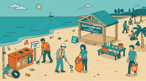 Community members gather at the coast to participate in a coordinated environmental effort to collect litter and promote recycling awareness.