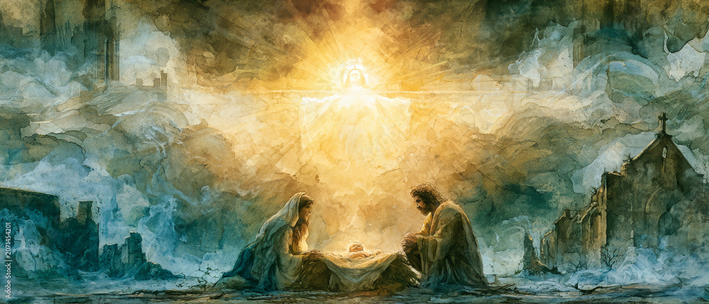 Fototapeta premium Mary and Joseph are in a stable looking at the newborn Jesus. A bright light shines above them. The scene shows a simple and important moment in a humble setting