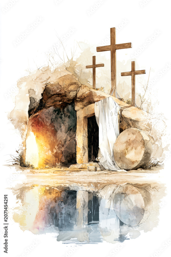 Fototapeta premium An empty tomb glows with light, and three wooden crosses stand nearby. A large stone rests beside the entrance, representing resurrection and hope