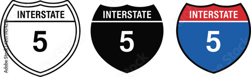 Tableau sur toile Interstate 5 highway sign icons set, vector illustration, black white blue road