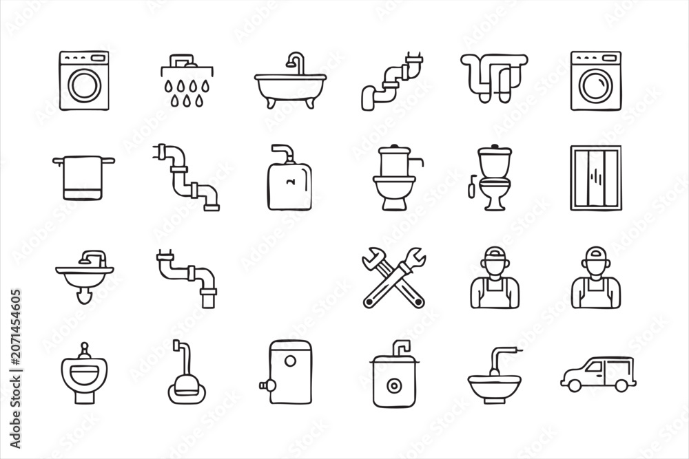 Fototapeta premium Plumbing water repair outline icon set for bathroom service and maintenance design