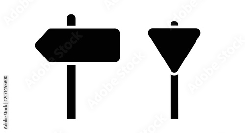 Black directional and triangular road sign icons on white background