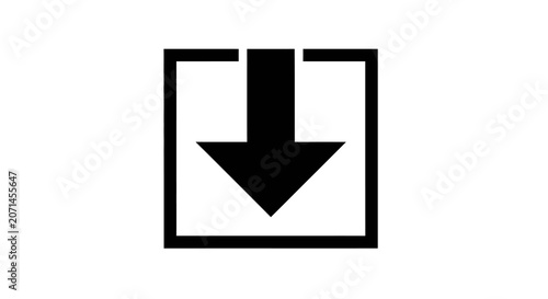Black download icon arrow in square on white background