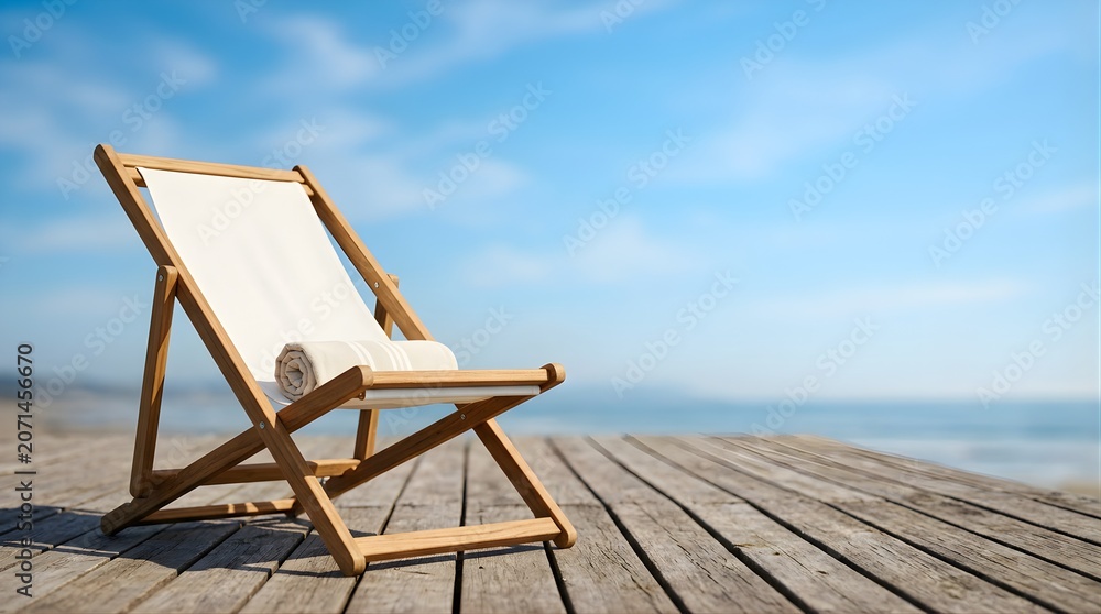 Fototapeta premium Wooden deck chair with towel on a terrace overlooking the ocean
