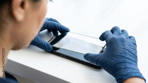 Wearing blue gloves, a person carefully handles a smartphone, examining its surface closely. The bright, minimalist workspace emphasizes precision and attention to detail.