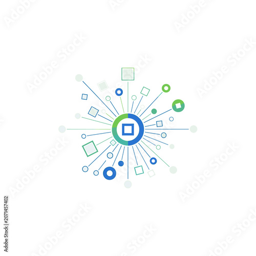 Abstract digital network connection concept with geometric shapes and lines on white background.