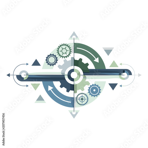 Abstract mechanical gear concept illustration with arrows and geometric shapes on white background.