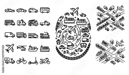 Fotografie Modern Transportation and Logistics Line Icon Set with Cars Trucks Buses Airplan