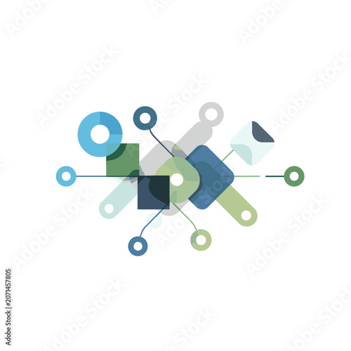 Abstract geometric composition with interconnected shapes and lines on a white background.