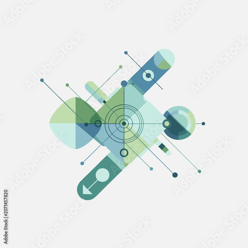 Abstract geometric composition with interconnected shapes and lines in blue and green, representing technology and data flow on a white background.