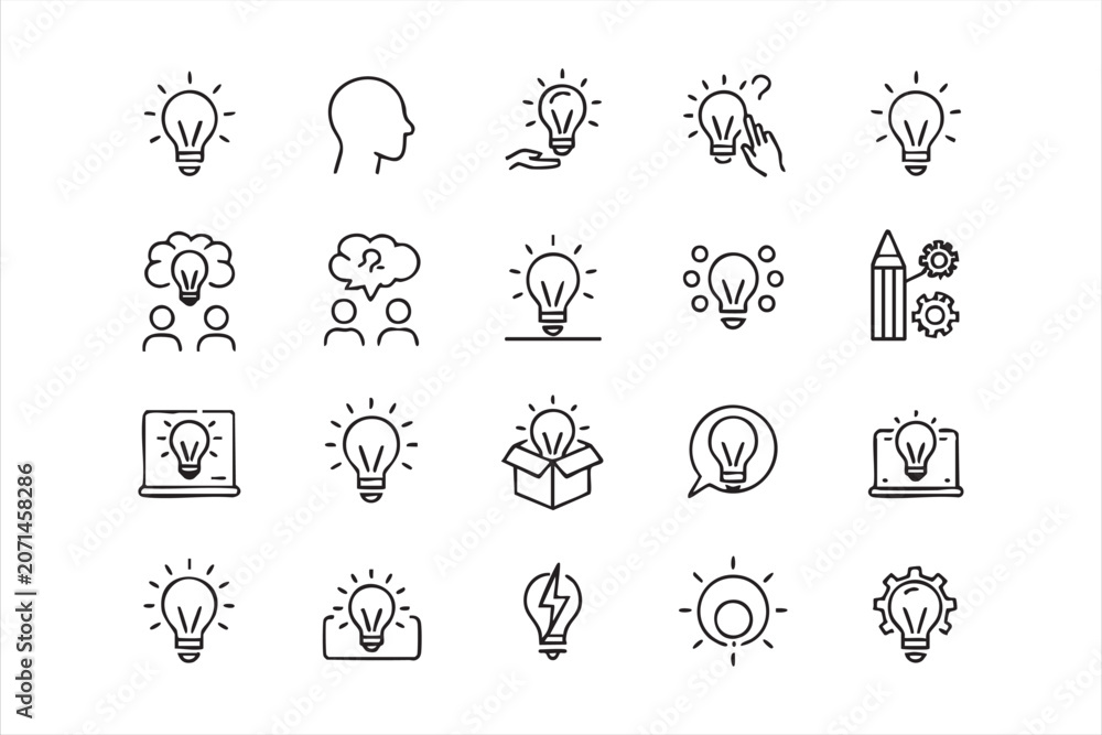 Fototapeta premium Creative Thinking Icon Set With Light Bulb, Question, Team Discussion, Pencil, Gear, and Inspiration Symbols