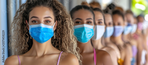 Diverse young adult women wearing protective medical face masks standing in a row indoors during a pandemic
