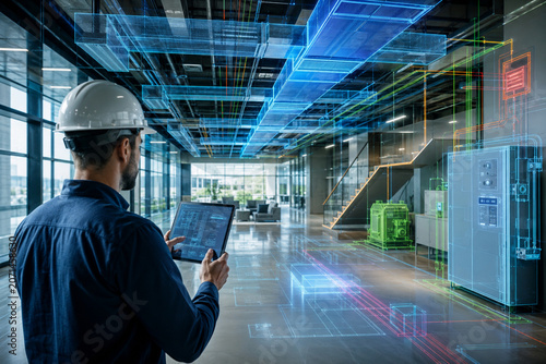 Male Engineer Hard Hat Tablet Modern Lobby Colorful Bim Mep Overlay Hvac Ducts Building Services