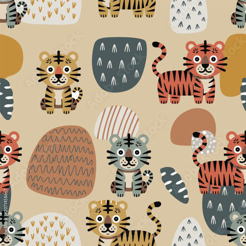 Cute seamless pattern with cartoon tigers and abstract shapes on beige background. Ideal for kids nursery fabric, apparel, and wallpaper.