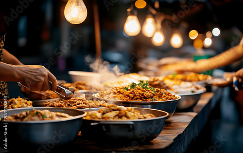 Vendor serving various stir-fried dishes from large bowls at a busy night market with warm bokeh lights and rising steam