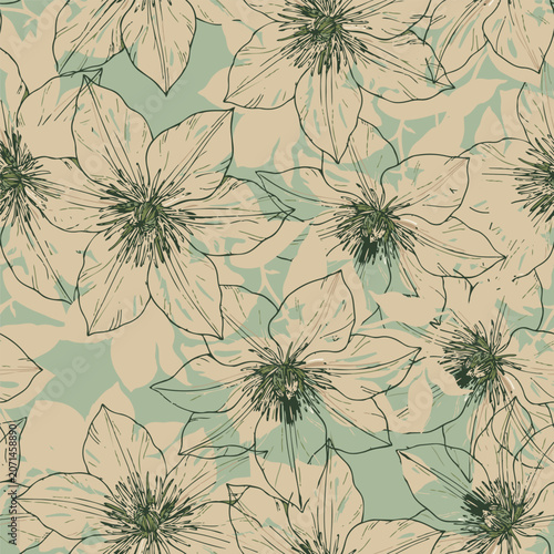 Elegant seamless pattern featuring hand drawn clematis floral sketches on a sage green background. Perfect for luxury textiles, wallpaper, and decor.