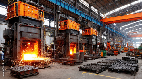 Smelting furnaces pouring molten metal with sparks in a large scale heavy industry steel foundry interior