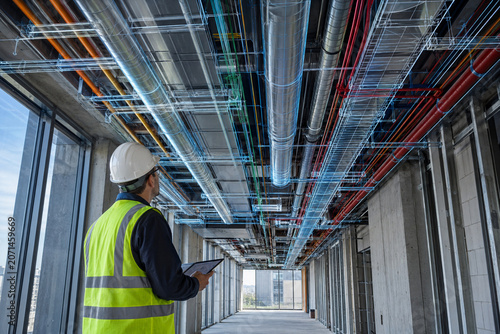 Site Inspector Tablet Building Corridor Colourful Mep Pipes Ducts Overhead Bim Inspection