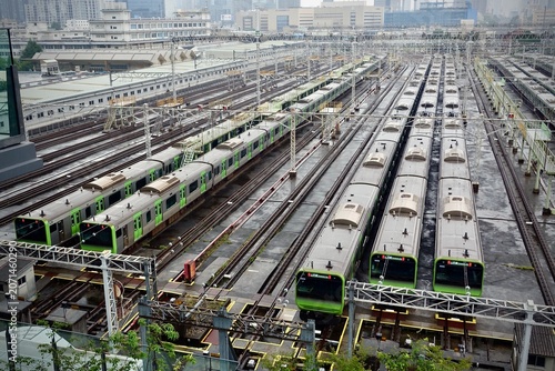 JR Yamanote Line trains parked at a railway depot
