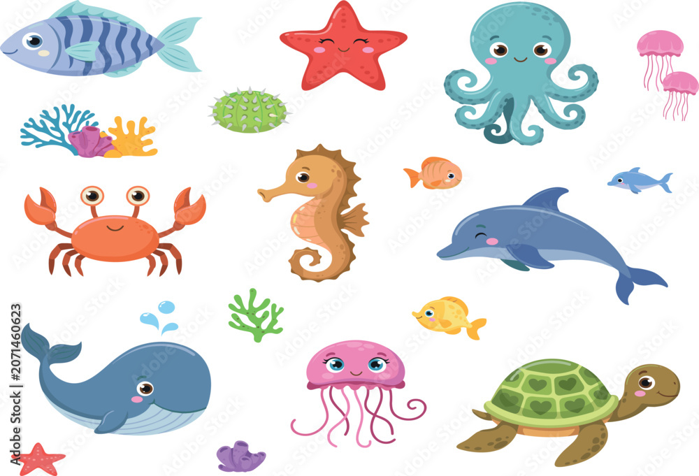 Naklejka premium Adorable ocean creature collection with funny marine animals underwater sea creatures coral reef fish and jellyfish isolated on white background