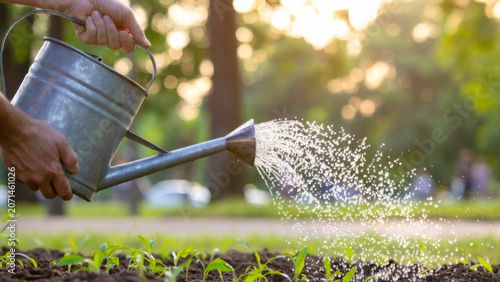 Gardener Watering Plants with Metal Can in Sunlight