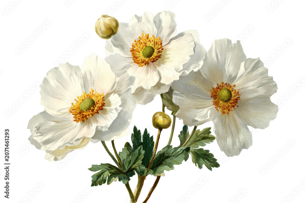 Fototapeta premium Delicate white anemones in bloom isolated on transparent background.