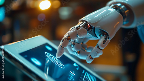 Close-up of human hand and robotic hand working together on a digital tablet, future of work concept, realistic commercial stock photography