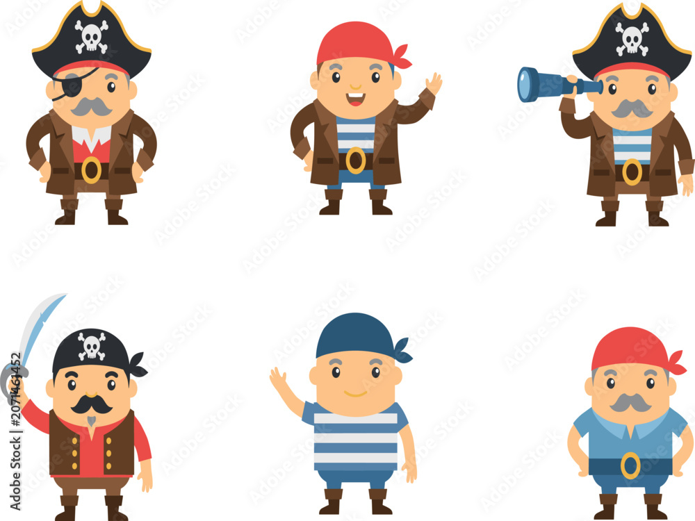 Obraz premium Adorable sailor boy collection with friendly ocean corsair characters wearing eyepatches bandanas and striped shirts isolated on white background