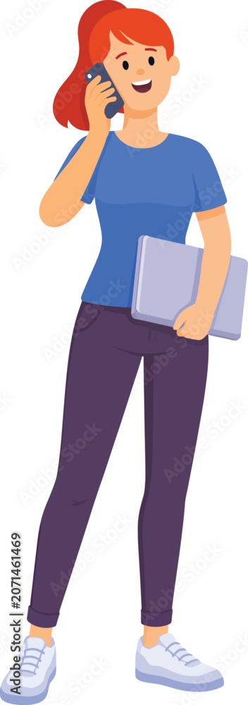 Fototapeta premium Young smiling woman standing and talking on smartphone while holding laptop. Business communication, remote work and digital lifestyle concept. Flat minimal 3D vector illustration