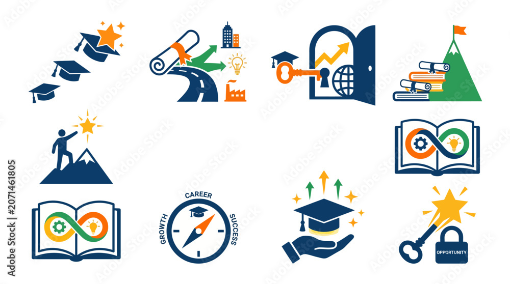 Fototapeta premium Set of flat education and career success growth icons with graduation symbols and achievement concepts