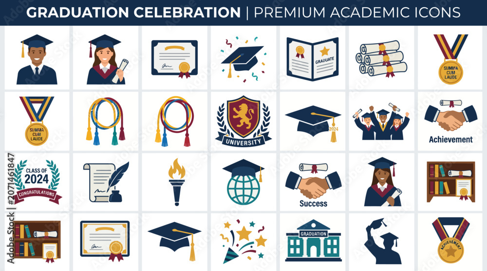 Fototapeta premium Graduation celebration, academic excellence and higher education premium icon set