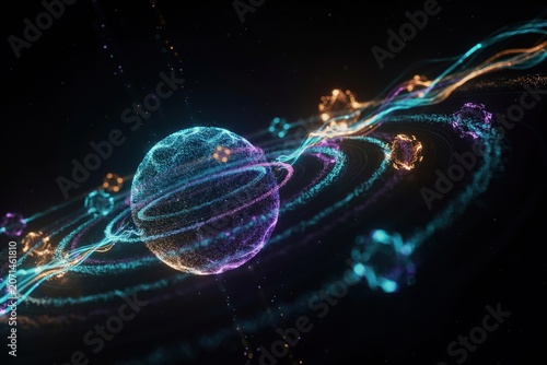 A central glowing sphere surrounded by multiple orbital rings and small floating geometric shapes in a dark digital space environment