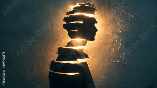 Creative conceptual artwork of a man profile silhouette sliced horizontally into layers, with powerful golden light beaming out from the gaps against a wall.