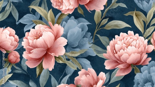 Vintage floral wallpaper with large pink and blue peonies on a dark blue textured background