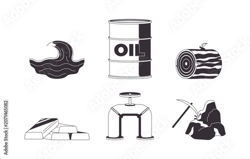 Natural resources and extraction industry 2D line objects set. Ocean water. Crude oil. Timber log. Gold bullion. Commodity isolated vector outline items. Monochrome spot illustrations collection