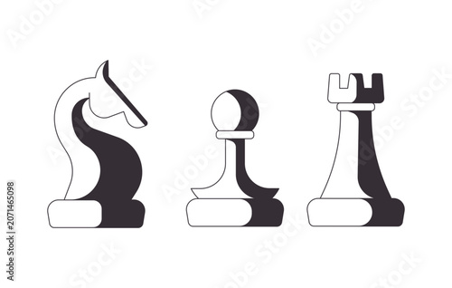 Knight pawn and rook chess pieces 2D line objects set. Intelligence competition figures. Board game chesspieces isolated cliparts vector outline items. Monochrome spot illustrations collection