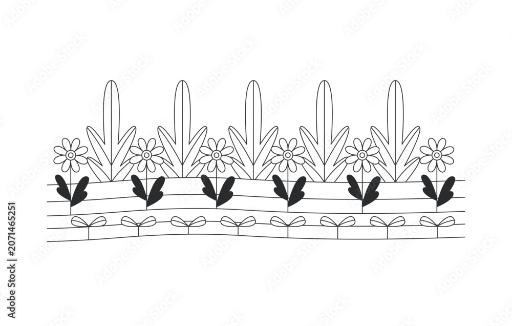 Obraz premium Decorative flower garden border 2D line object. Spring nature. Botanical horticulture. Repeating floral plants landscape isolated clipart vector outline item. Black and white spot illustration