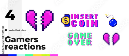 Foto Retro arcade pixel art gaming reaction illustration set