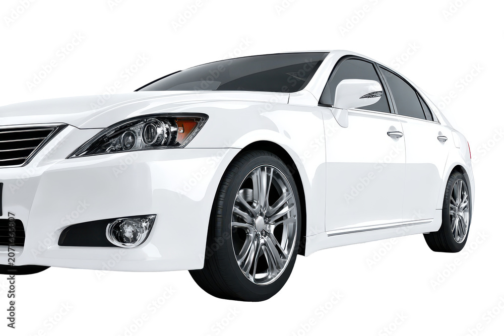 Naklejka premium Elegant white sedan parked isolated on transparent background.