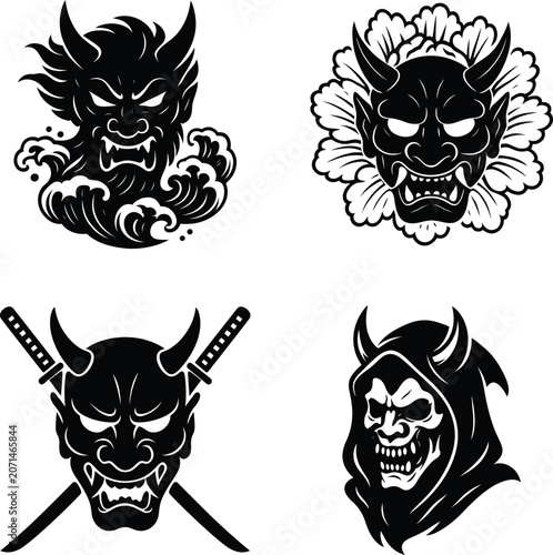 Oni mask demon silhouette bundle set featuring traditional Japanese Hannya and demon faces