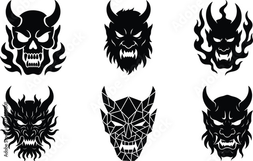Oni Mask Demon Silhouette Bundle Set Inspired by Folklore Legends