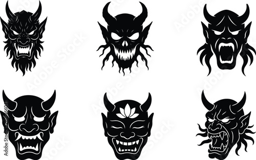 Oni mask demon silhouette bundle set for professional graphic designers