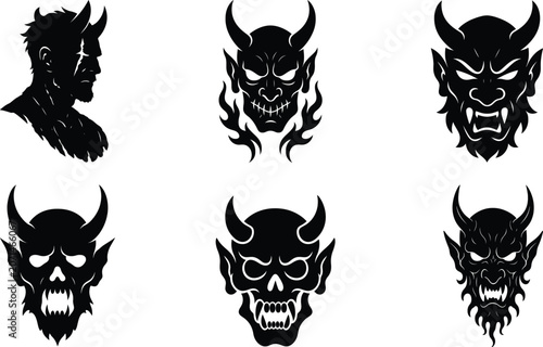 Oni Mask Demon Silhouette Bundle Set with Fierce Horned Designs