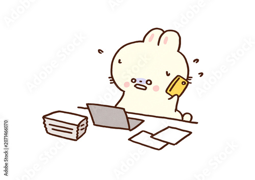 Obraz na płótnie Exhausted rabbit multitasking with a phone, laptop and paperwork, busy overworke